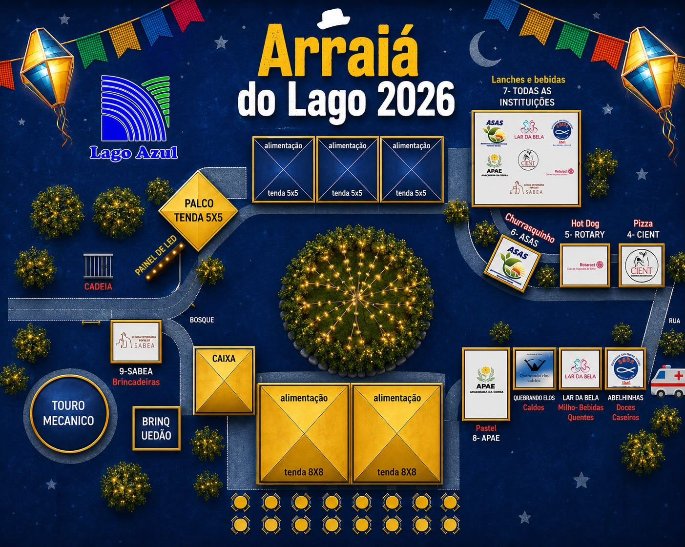 Planta do evento Arraiá do Lago 2026, com a disposição das barracas, palco e atrações